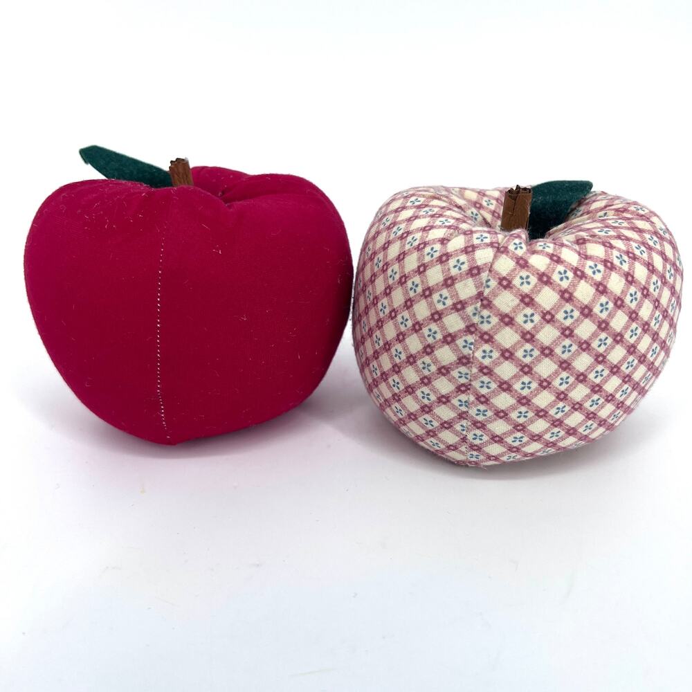 Vintage Handmade Fabric Stuffed Apples Pair Solid Red and Red Plaid
